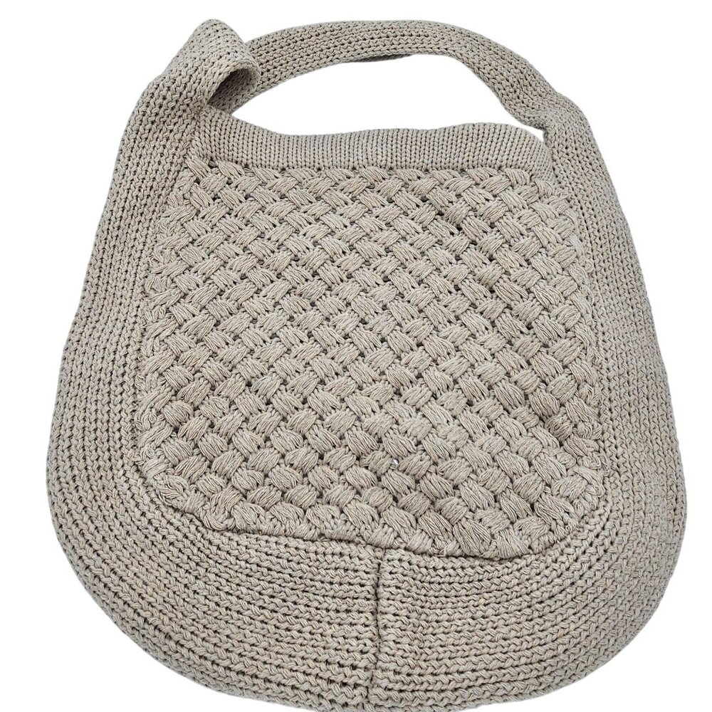 Woven Knit Shoulder Tote Bag In Beige With Textured Basketweave Design & Butto